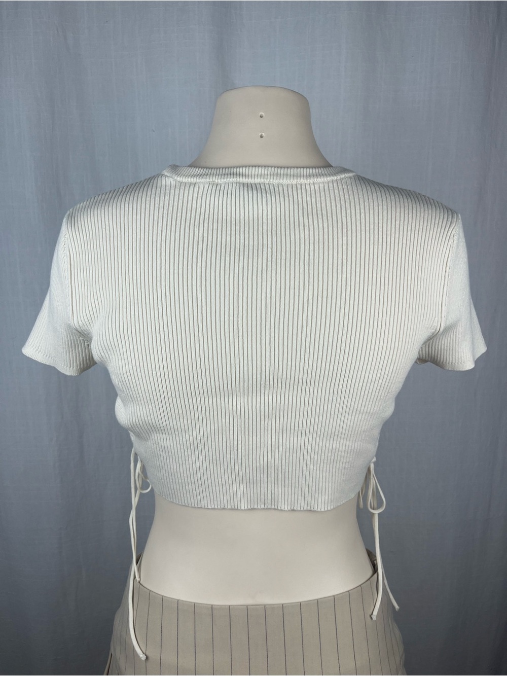 Zara Cream Ribbed Tie-Detail Crop Top Medium - Picture 3 of 6